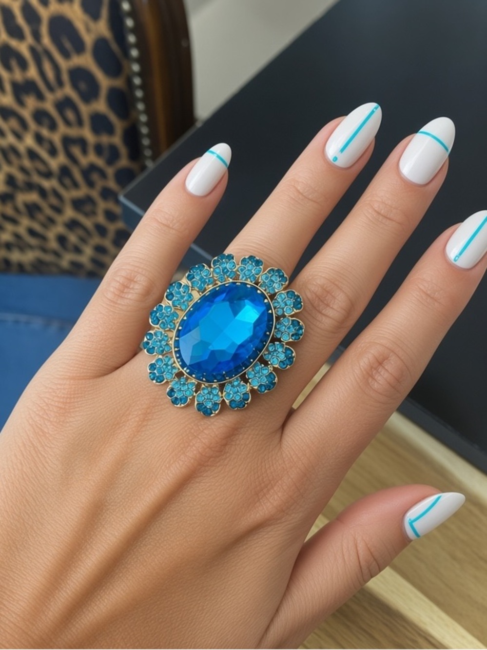 Turquoise Gold Statement Ring Glam Bling Vintage Mob Wife Coquette Royal Mermaid